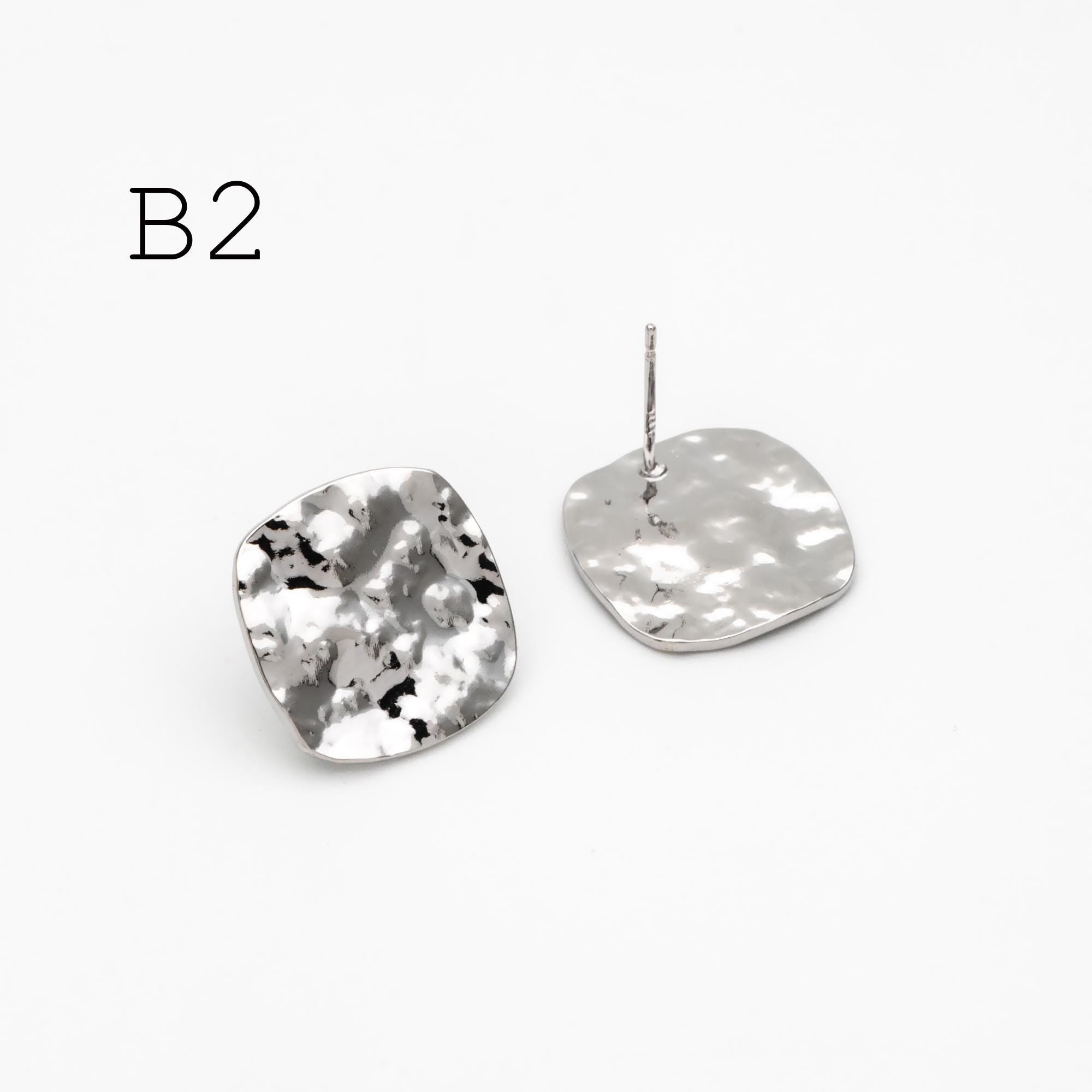 10pcs Gold/ Silver Hammered Heart/ Square Earrings, Real Gold/ Rhodium plated Brass, Geometric Earring Studs (GB-4567)